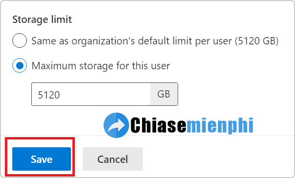 Tích chọn “Maximum storage for this user”